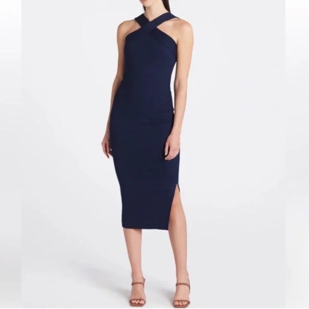 MICHAEL STARS Opaline Midi Dress Medium Navy Blue Bodycon Halter Ruched Ribbed - Picture 5 of 10